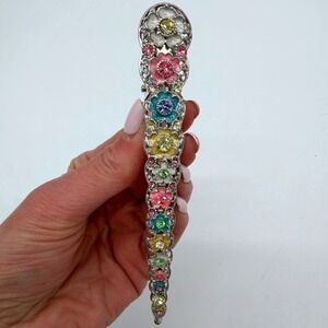 Vintage Pastel Rhinestone Floral Barrette Silver Tone Hair Clip Statement